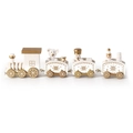 Detalle del tren navideño de madera con figuras de oso polar, soldado y muñeco de nieve - Blanco Dorado