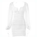 Close-up of white deep V-neck dress with sheer lantern sleeves and ruched texture details - S / White