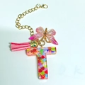 Letter T resin keychain with colorful heart sequins, pink tassel and metal bow charm - Letter T