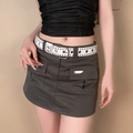 Y2K dark grey cargo mini skirt with studded white grommet belt and large utility pockets - White Metal Eyelet Belt(K0202B)