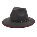 Detail of charcoal grey wool fedora with burgundy velvet edge and leather buckle band - M (56-58cm) / Dark Gray