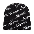 Detail of white jacquard Nerest lettering on a black knitted winter beanie cap - M(54-60cm) / Black