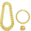 Golden hip hop jewelry set with thick Cuban link chain necklace, bracelet, and dollar ring - Necklace 3-Piece Set