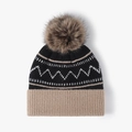 Berretto invernale in maglia con motivi neri e bianchi, risvolto kaki e pompon marrone - Taglia unica / Nero