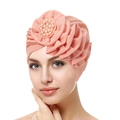 Fashionable coral pink pleated turban cap for women with large 3D pearl flower decoration - Pink