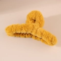 Large mustard yellow plush shark hair claw clip with soft faux fur texture for women - Sunflower Yellow