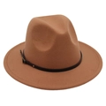 Detail of camel wool fedora hat featuring a black leather belt buckle and a structured crown - L / Khaki