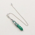 Hexagonal green malachite style crystal pendulum with silver hollow metal top and chain - Synthetic Malachite