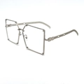 Fashionable oversized square silver metal chain temple sunglasses with stud details - Silver Frame Clear Lenses