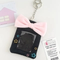 Plush black photo card holder keychain with large pink bow and embroidered stars - Bowknot Star Style / Black