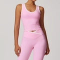 Pink V-neck sports vest and yoga pants set with white trim and crossover waist - S / Sakura Pink