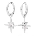 Silver stainless steel hoop earrings featuring starburst pendants with zircon accents - Silver Style (PDE447)