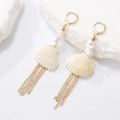 Ocean style dangle earrings with natural white shells and gold chains for beach holidays - 06 KC Gold Tassel Shell K-262