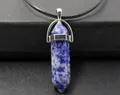 Blue and white hexagonal stone crystal pendant with silver clasp on black cord - Sodalite (Pendant Only)