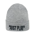 Detailed close-up of gray knitted beanie featuring black JUST PLAY embroidered lettering - M (56-58cm) / Gray
