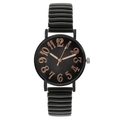 Women's quartz watch with black dial, rose gold numerals and elastic metal band - Black