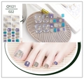 Close-up of teal and purple toe nail stickers with gold foil and sparkling rhinestones - Blue Green Purple Gold Foil Rhinestone Style (QYJ21-022)