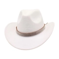 Detailed close-up of white felt cowboy hat featuring luxurious sparkling rhinestone band - 57cm / White
