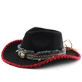 Classic black wool cowboy hat with ethnic woven band and turquoise bead details - M(56-58cm) / Black With Red Edge