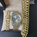 Iced out gold and silver tone men's watch set with Cuban link necklace and bracelet - White Watch + Gold Bracelet and Necklace
