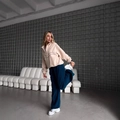 Oversize Halbreißverschluss-Sweatshirt in Creme mit dunkelblauer weiter Hose als Set - S / Aprikose