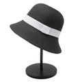 Detail of a black straw bucket hat featuring a contrast white ribbon and vintage bell shape - M(56-58cm) / Black (with White Ribbon)
