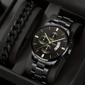 Men's Geneva black steel quartz watch with calendar and matching Cuban chain bracelet set - Black Gold 1 + Bracelet