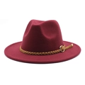 Macro di cappello fedora in lana bordeaux con fascia in pelle intrecciata e fibbia oro - Borgogna