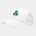 Detail of white trucker hat showing breathable mesh and green clover print on front - Solid White