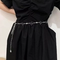 Silver metal chain belt with butterfly links and clear gems on a black dress - Hollow Butterfly K0185B