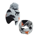 Kids dinosaur print winter hat and scarf set with ear flaps and gray pom pom - L (4-5 Years) / Light Gray