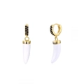 Detailed macro of gold hoop earrings with white horn pendants and black zircon inlay - 24K / White Horn Style (JQH0067-GG-2)