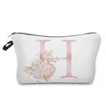 Close-up detail of a white makeup bag featuring a pink floral letter H printed design - Letter H Style