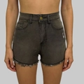 Detail of high waist denim shorts featuring fringe hem and vintage distressed wash effects - S / Gray
