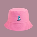 Pink cotton canvas bucket hat with cute blue dinosaur embroidery and wide brim for sun protection - One Size / Rose Pink