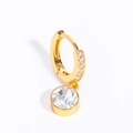 Gold plated hoop earrings featuring a clear round zircon stone drop pendant for women - April (White)