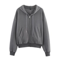 Women's grey ribbed zip-up hoodie with drawstring hood and pockets for early autumn comfort - S / Tops