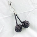 Handmade dark brown leather monkey fist knot keychain with silver metal clasp and ring - Brown
