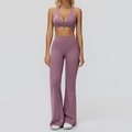Set yoga lilla in due pezzi con reggiseno sportivo halter e leggings a campana - Taglia S / Reggiseno+Pantaloni a Zampa-Malva Medio