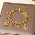 Golden double-layer bracelet with mother-child pendants and pink enamel details - Pink Enamel Mother Child Style (KB203681-Z)