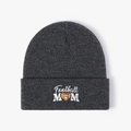 Dark grey knitted Football Mom beanie with a brown heart-shaped football embroidery - Embroidered FOOTBALL MOM / Dark Gray