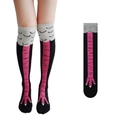 Funny black over-the-knee socks with pink chicken leg pattern and feathered grey cuffs - One Size / Calf Length Chicken Leg Socks - Black/Rose Red
