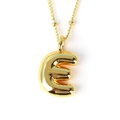 Macro detail of 3D bubble letter E pendant necklace in shiny gold finish on bead chain - Letter E