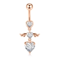 Rose gold navel ring with triple heart zircons and angel wings decoration - Rose Gold Angel