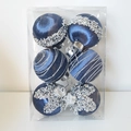 6er-Set dunkelblaue Satin-Weihnachtskugeln mit silbernen Pailletten und Glitzer in Box - Blau 6-teiliges Set - 8cm