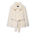 White faux fur short coat with long sleeves and matching waist belt on white background - XS / Milky White