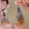 Detail of vintage bohemian flower drop earrings with brown feathers on a female model - 8# Hook Gold-Grey