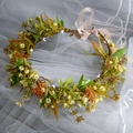 Detail of floral crown headband with green leaves, cream flowers and pink satin ribbon - Brown HS-J7171