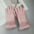 Pink suede winter gloves for women with faux fur trim and elegant buckle strap detail - One Size / Pink