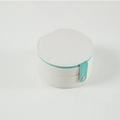 Portable white leather round jewelry box with turquoise trim and golden button closure - White